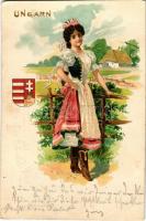 1901 Ungarn / Hungarian folklore art postcard, coat of arms, patriotic, litho (EK)
