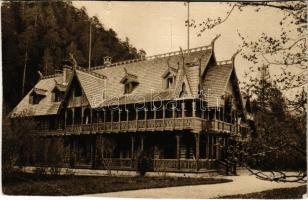1933 Barlangliget, Höhlenhain, Tatranská Kotlina (Tátra, Magas Tátra, Vysoké Tatry); Pension Lovecky Zámecek / Jagdhaus Kotlin / kastélyszálló (Hohenlohe herceg vadászkastélya) / hunting lodge, hotel (vágott / cut)