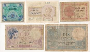 Franciaország 1919-1944. 5db-os bankjegy tétel T:III,III- France 1919-1944. 5pcs of banknotes C:F,VG