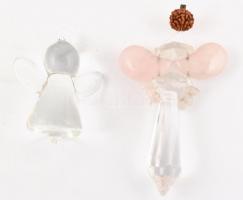 2 db mini üveg angyal, egyiken rózsakvarcok, h: 4,5 cm, 7 cm
