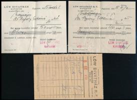1935 Löw Divatház, Kaposvár, össz. 4 db fejléces okmány: 1 db jegyzék, hátoldalán reklámmal és 4 db ...