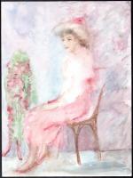 Jelzés nélkül: Rózsaszín ruhás hölgy portréja. Akvarell, papír, 31,5x23,5 cm