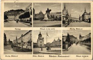 1940 Kolozsvár, Cluj; Várhegy, Mátyás király szobra, Horthy Miklós út, Hitler Adolf tér, Országzászló, Mátyás király tér / statue, monument, street view, square, Hungarian flag (EK)