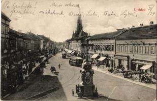 1913 Újvidék, Novi Sad; tér, villamos, Klein és Popper üzlete. Ábrahám János kiadása / square, tram, shops (EK)