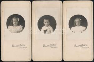 1909 Debrecen, Brassay J. Zoltán fényképész műtermében készült, 3 db keményhátú vintage fotó, a hordozó karton egyedi dombornyomással készült, 10x7,1 cm, karton 19,2x9,5 cm