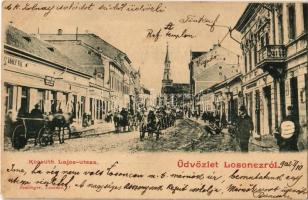 1902 Losonc, Lucenec; Kossuth Lajos utca, üzletek, Református templom. Redlinger kiadása / street view, shops, Calvinist church