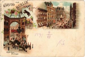 1899 Berlin, Friedrichstrasse mit der Passage, Café Keck, Inneres der Passage / street view, café, waiters, interior, coat of arms. Kunstanstalt J. Miesler. Art Nouveau, floral, litho (fa)
