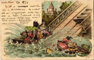 1898 München, Munich; Gruss von der Rutschbahn (II. Kraft-und Arbeits-Maschinen-Ausstellung München 1898) / waterslide. Second Exhibition of Engines and Machinery advertising art postcard. Ottmar Zieher litho s: Arthur Thiele (EK)