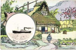 NYK (Nippon Yusen Kaisha) SS Fushimi Maru Japanese cargo ship, art postcard (Rb)
