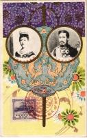 Emperor Meiji, Empress Shoken. Japanese royalty Emb. art postcard (EK)