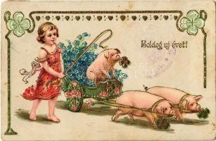 1915 Boldog Újévet! / New Year greeting art postcard, girl with pigs. EAS litho (EK)