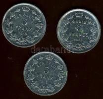 Belgium 1930. 5Fr flamand felirattal + 1933. 5Fr (2x) egyik flamand, a násik belga felirattal T:2/3 ph.