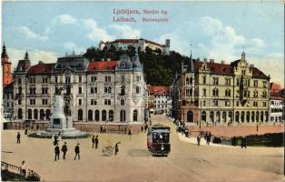1916 Ljubljana; Laibach; Marijin trg / Marienplatz / square, tram, castle, shops