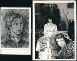 Ferenczy Júlia festőművész műtermében, valamint egy festménye, két feliratozott fotó 9x14 cm , 14x18 cm