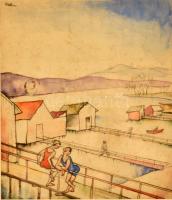 Kelen Imre (1896-1978): Udvarlás. Tus, akvarell, papír, jelzett. Hátoldalán kiállítási címkéjével. Üvegezett keretben, 24×20,5 cm