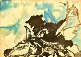 Eigel István (1922-2000): Állatok farsangja. Akvarell, papír, jelzett. Jobb felső sarkában szakadással. Üvegezett keretben, 30×40 cm