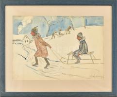 Vajda Ferenc (1892-?): Szánkózók. Akvarell, ceruza, papír, jelzett. Üvegezett fa keretben. 28,5x42 c...