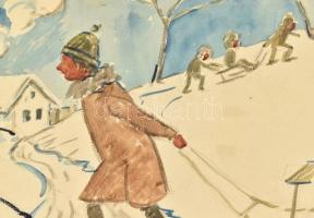 Vajda Ferenc (1892-?): Szánkózók. Akvarell, ceruza, papír, jelzett. Üvegezett fa keretben. 28,5x42 c...