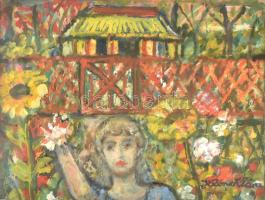 Kliené Róna Klára (1901-1987): Virágos kert lánnyal. Olaj, papír, jelzett. Üvegezett fa keretben. 31×41,5 cm