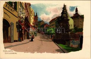 Karlovy Vary, Karlsbad; Schlossberg, Adler Farmacy / street, pharmacy. Kuenstlerpostkarte No. 1555. von Ottmar Zieher litho