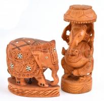 2 db faragott, festett fa elefánt figura. m: 15 cm, m: 10 cm