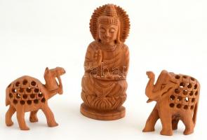 2 db elefántos faragott fa füstölőtartó, egy isten figura. m: 8 cm, 10 cm
