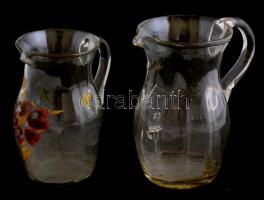 XIX. sz. két üveg kancsó, formába fújt, kézzel festett, kopott. m: 13 cm, 16 cm