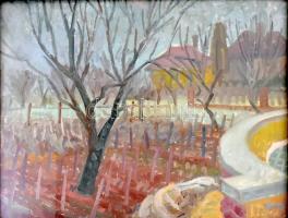 Fenyő Andor Endre (1904-1971): Medence a fák között. Olaj, vászon, jelezve jobbra lent. Kissé sérült fa keretben, 50,5×60,5 cm