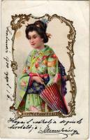 1900 Japanese geisha, folklore. Emb. Art Nouveau, litho (EB)
