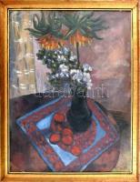 Kazinczy János Antal (1914-2008): Színes csendélet, 1957. Olaj, vászon, jelzett. Hátoldalán autográf...