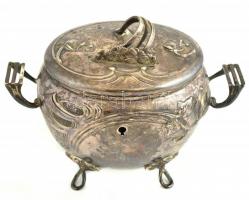 Ezüst (Ag) szecessziós, lábas cukortartó, jelzett, kis horpadásokkal, 12,5x17 cm, nettó: 339 g