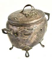 Ezüst (Ag) szecessziós, lábas cukortartó, jelzett, kis horpadásokkal, 12,5x17 cm, nettó: 339 g