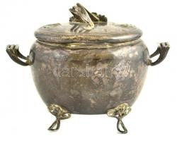 Ezüst (Ag) szecessziós, lábas cukortartó, jelzett, kis horpadásokkal, 12,5x17 cm, nettó: 339 g