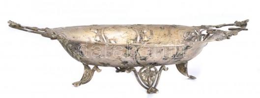 Ezüst (Ag) virág motívumos szecessziós kínáló, jelzetlen, kis kopásokkal, 20x36 cm, m: 11 cm, nettó:...