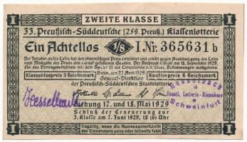 Németország / Weimari Köztársaság 1929. 1/8 sorsjegy T:III  Germany / Weimar Republic 1929. 1/8 value lottery ticket C:F