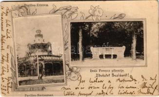 1902 Buziás, Pavillon étterem, Deák Ferenc pihenője / restaurant, Deák's bench. Art Nouveau, floral (EK)