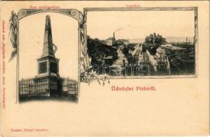 1903 Piski, Simeria; Bem emlékoszlopa, vaspálya, iparvasút. Honisch fényképész felvétele, Gyulai József kiadása / monument, industrial railway of the mine. Art Nouveau, floral