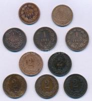 1858B 5/10kr Cu + 1860B-1861B 1kr Cu (2xklf) + 1885KB 1kr Cu + 1902KB 1f Br + 1895KB-1915KB 2f Br (5db, 4xklf) T:2-,3