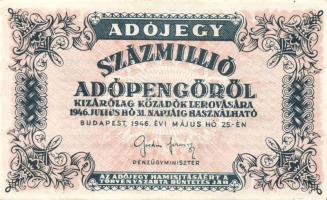 1946. 100.000.000AP vízjel nélkül, fehér papíron, hátlapi szöveg vastag betűvel T:I