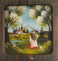 FA jelzéssel: 4 évszak 4 db zománc, üveg kép, fa keretben. Képméret 8x7 cm