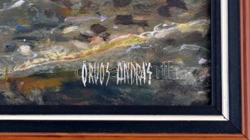 Orvos András (1939- ): Erdei tó. Olaj, farost, jelzett. Kissé sérült fa keretben, 50×60 cm