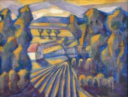 Rafael Győző Viktor (1900-1981): Táj. Olaj, karton, jelzett. Hátoldalán Képcsarnok Vállalat címkéjével. Fa keretben. 60x50 cm