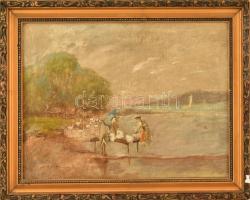 Olvashatatlan jelzéssel: Mosónők a Balaton partján. Olaj, vászon, restaurált. Sérült fa keretben. 30...