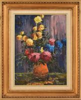 Porubszky István (1931-2016): Virágcsendélet. Olaj, farost, jelzett, hátoldalán autográf felirattal....