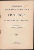 1911 Miskolci Református Főgimnázium értesítője az 1910-1911. iskolai évről. Miskolc, 1911, Klein és Ludvig. Papírkötésben, szakadt borítóval, intézményi bélyegzőkkel.