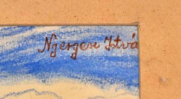 Nyergesi István (1900-1989): Útközben. Kréta, papír, jelzett, üvegezett fa keretben. 41x54 cm