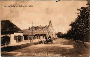 Nagymihály, Michalovce; Sulyovszky utca, lovasszekér. Vasúti levelezőlapárusítás 2448. / street (szakadás / tear)