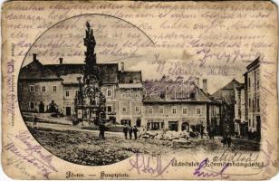 1902 Körmöcbánya, Kremnitz, Kremnica; Fő tér, Szentháromság szobor. Braun Ármin kiadása / main square, Trinity statue (kopott sarkak / worn corners)