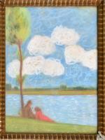 Olvashatatlan jelzéssel: Folyóparton. Pasztell, papír. Üvegezett, javított fa keretben. 30x23,5 cm