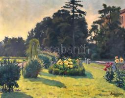 Galla Endre (1897-1971): Virágos park. Olaj, vászon, jelzett, apró felületi karcolással. Fa keretben. 63×77 cm